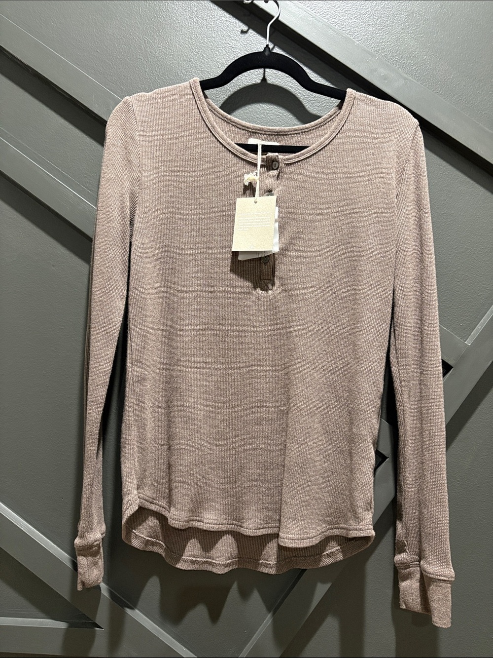 Thread & Supply Waffle Knit Henley Top Medium Taupe Long Sleeve